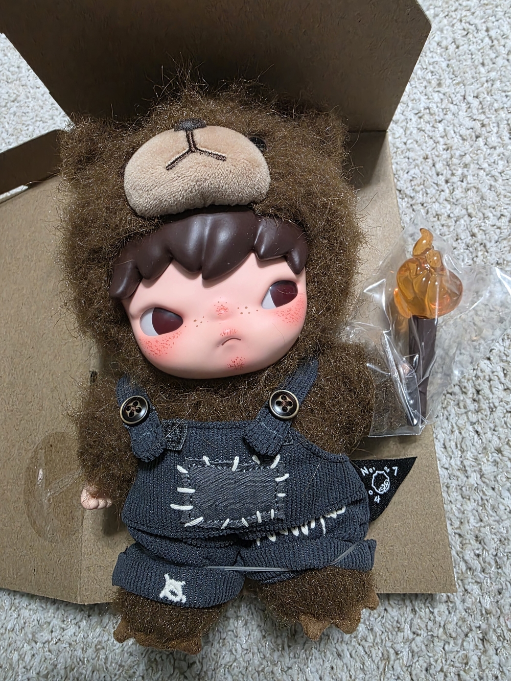 Plush Bear Costume Doll in Brown with Gray Overalls